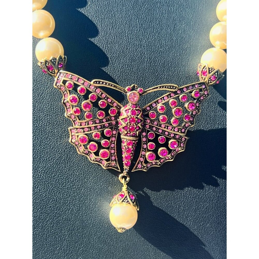 Madame Butterfly Pendant Pearl Necklace With Pink Rhinestones & Gold Accents - Picture 3 of 8